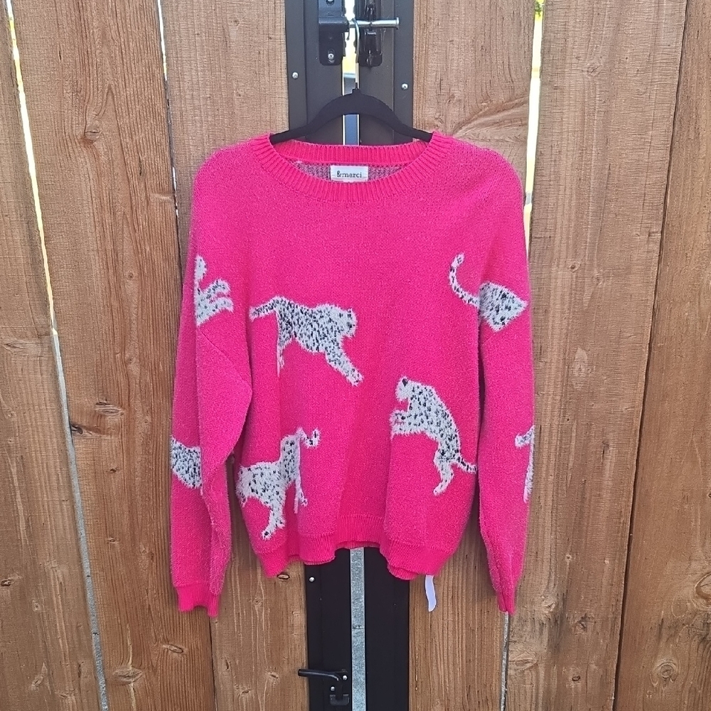 &merci Pink Crew Neck Sweater with Leopard Design Sz S